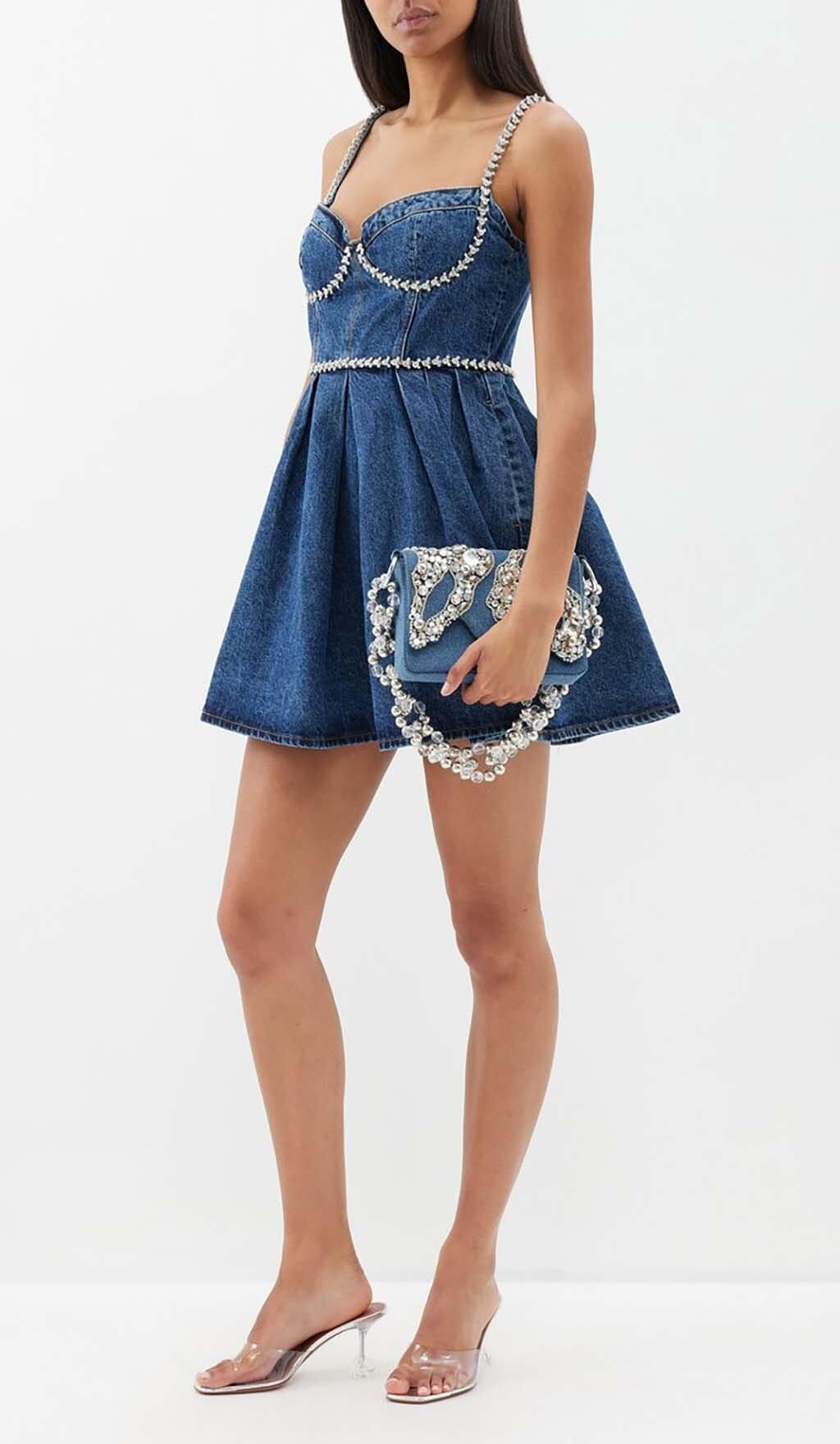 CRYSTAL-EMBELLISHED DENIM MINI DRESS IN BLUE