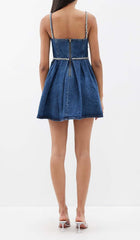 CRYSTAL-EMBELLISHED DENIM MINI DRESS IN BLUE