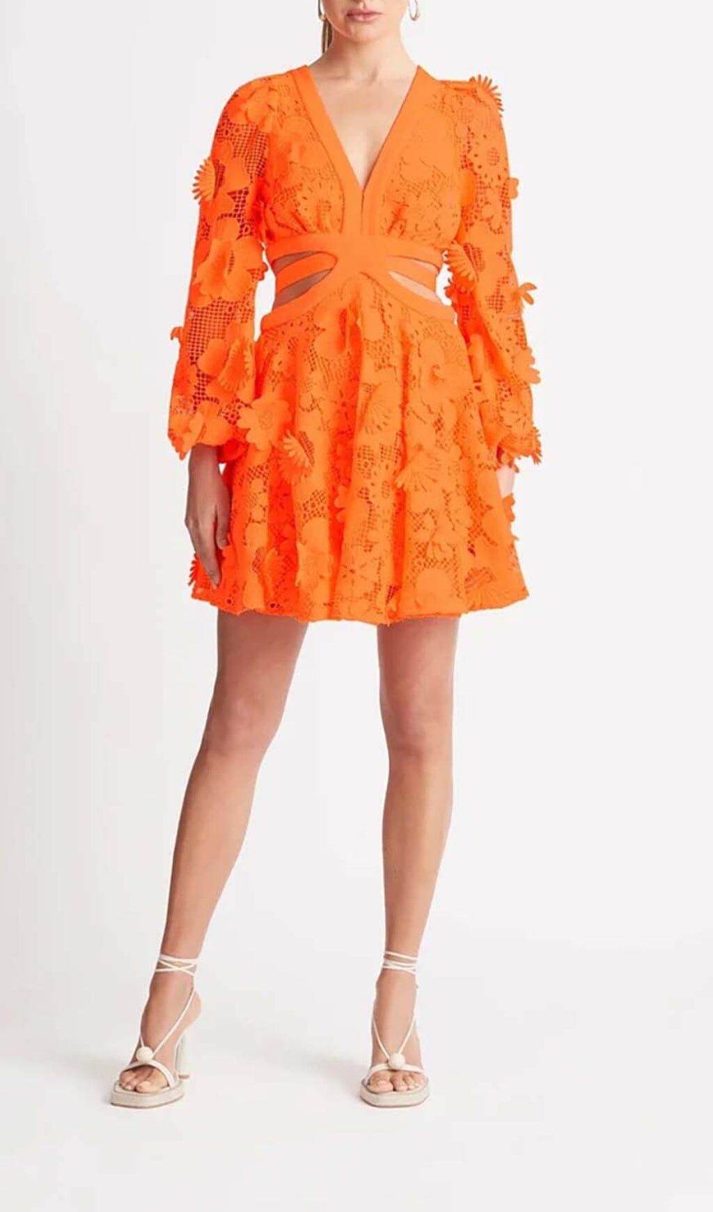 FLORAL TEXTURES CUTOUT MINI DRESS IN NEON ORANGE