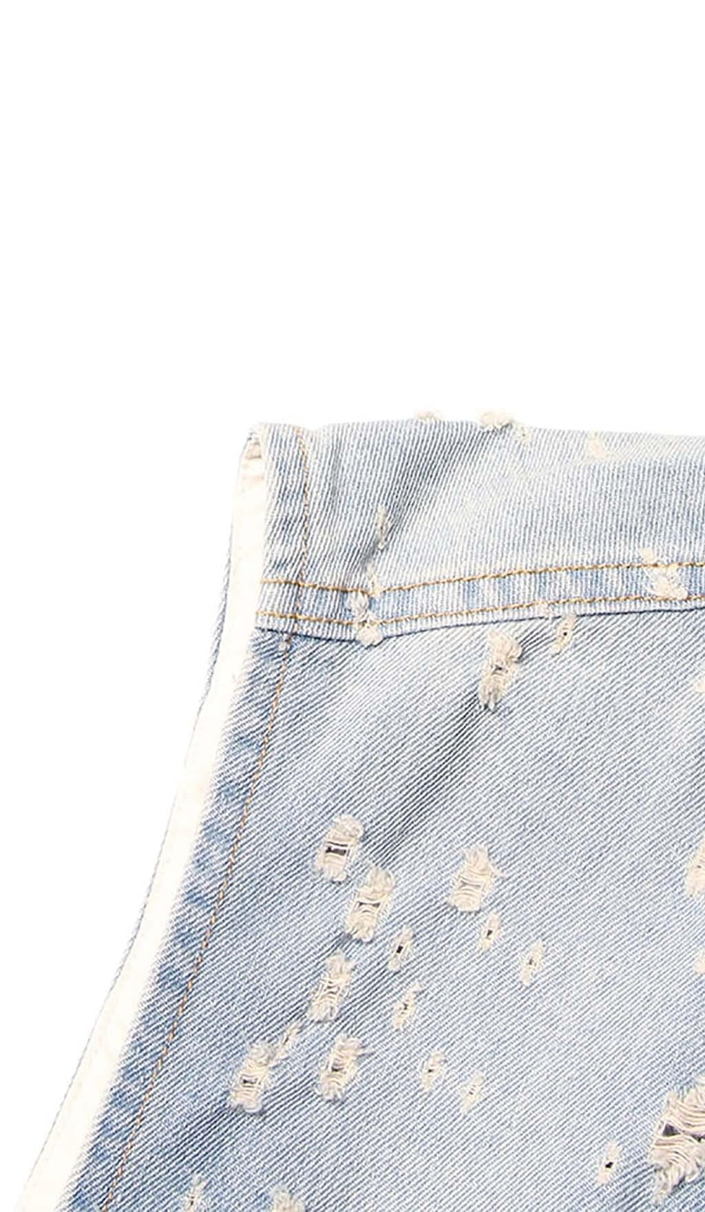 FRAYED DENIM MINI DRESS