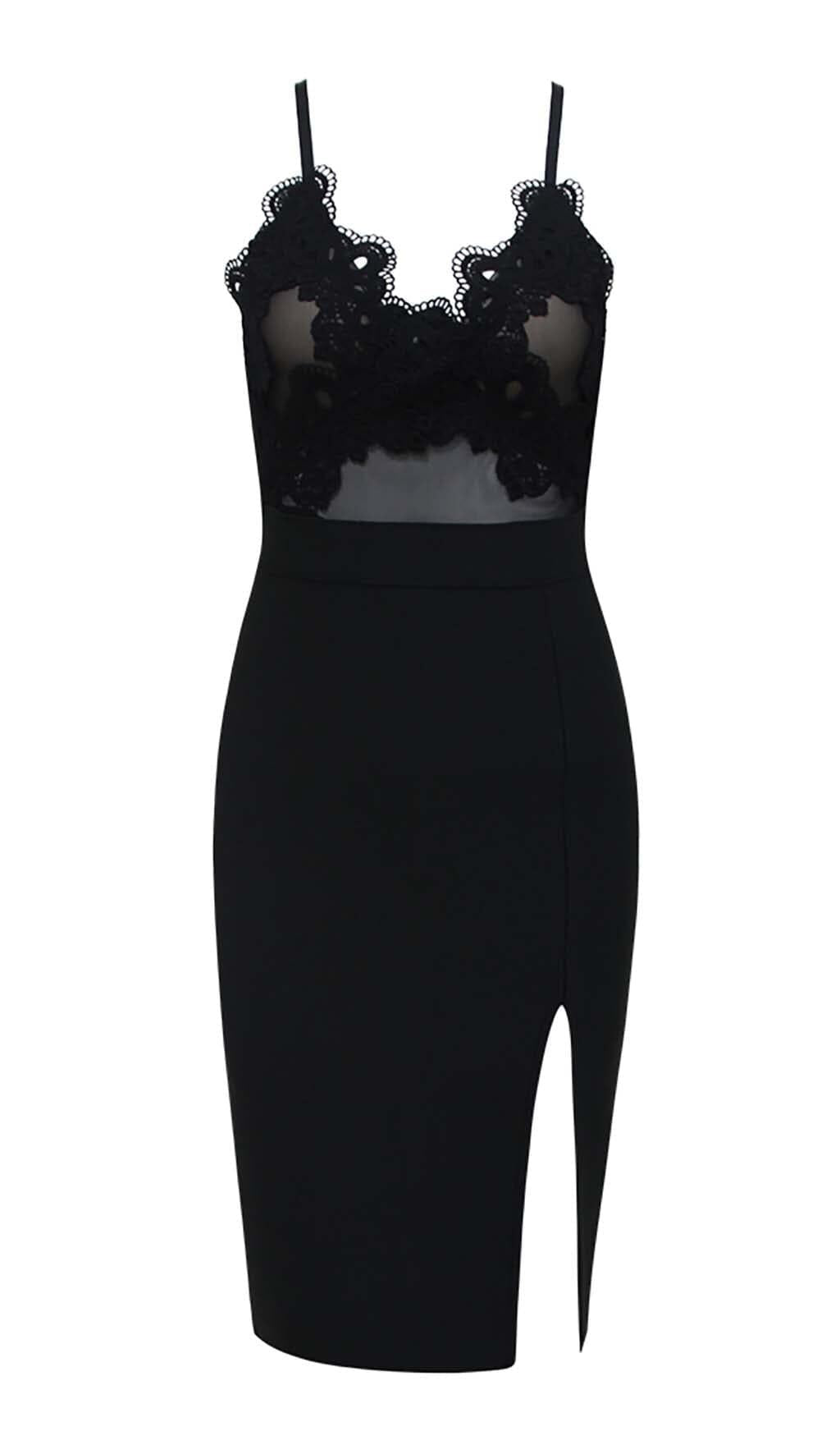 LACE V NECK SPLIT BODYCON MIDI DRESS IN BLACK