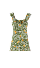 LEAF FRUIT PRINT RUFFLE MINI DRESS IN GREEN