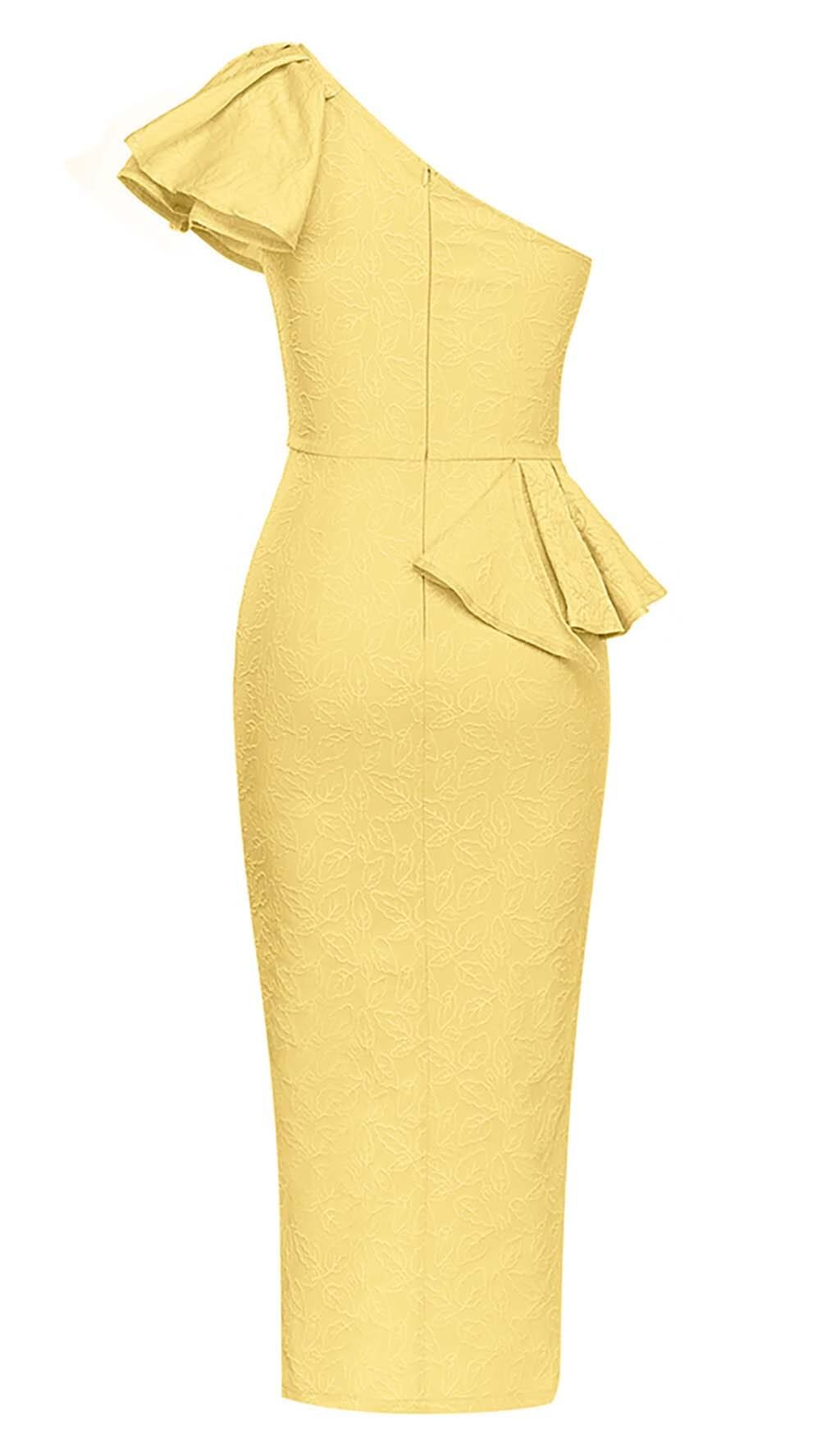 ONE SHOULDER RUFFLE MIDI DRESS IN YELLOW