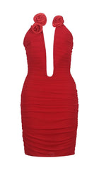 PLUNGING HALTER NECKLINE MINI DRESS IN RED