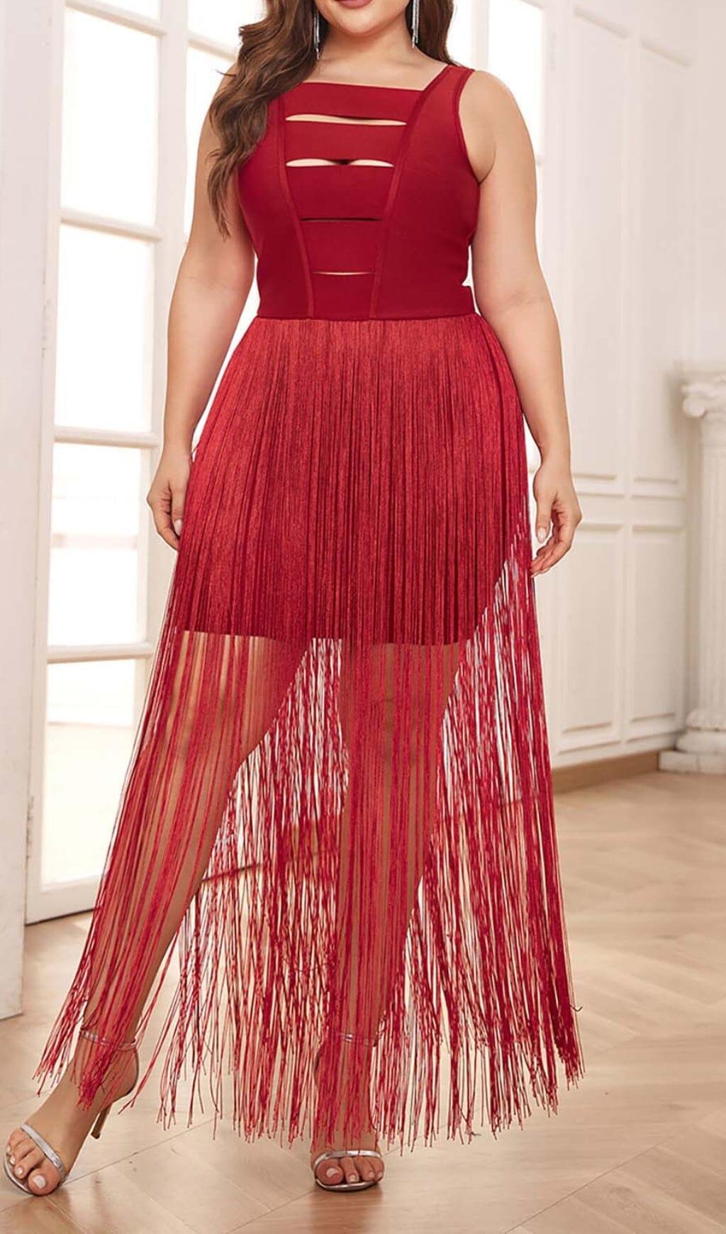 PLUS CUTOUT TASSEL MIDI DRESS IN RED