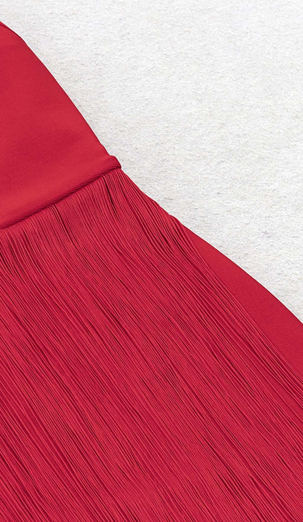 PLUS CUTOUT TASSEL MIDI DRESS IN RED