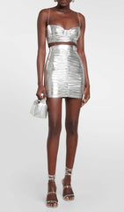 RUCHED BRALETTE AND SKIRT SET IN SLIVER