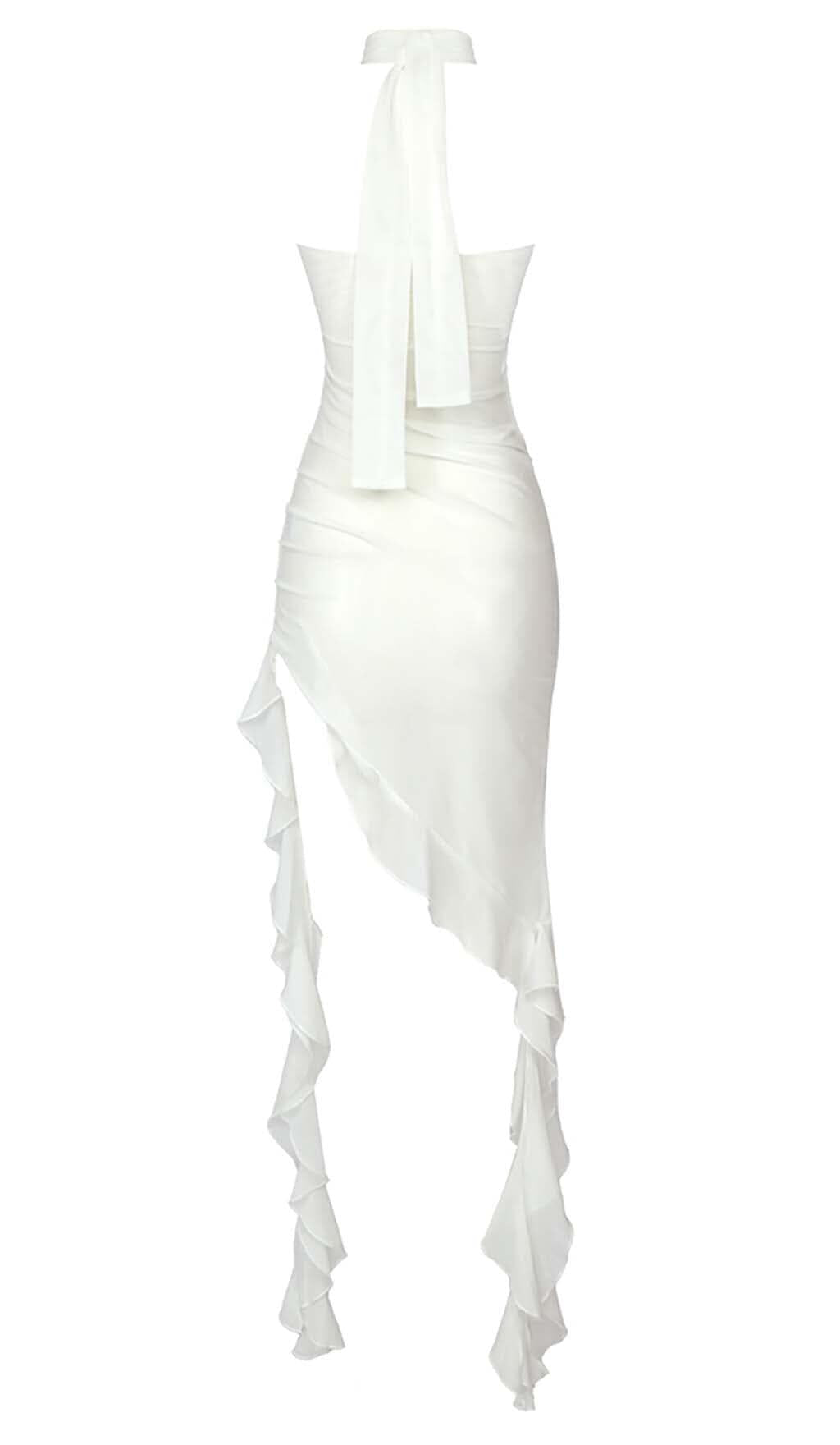 RUFFLE ROSETTE MESH MIDI DRESS IN WHITE