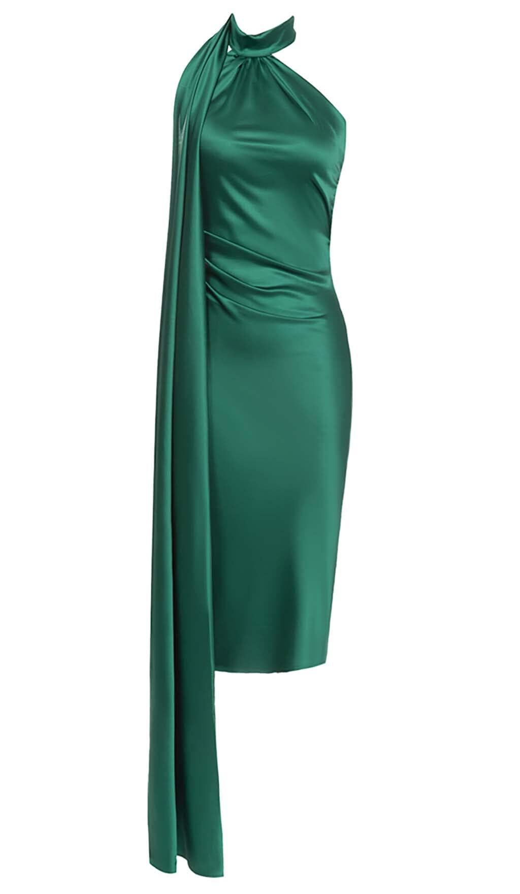 SATIN SIDE TIE MIDI DRESS IN GREEN