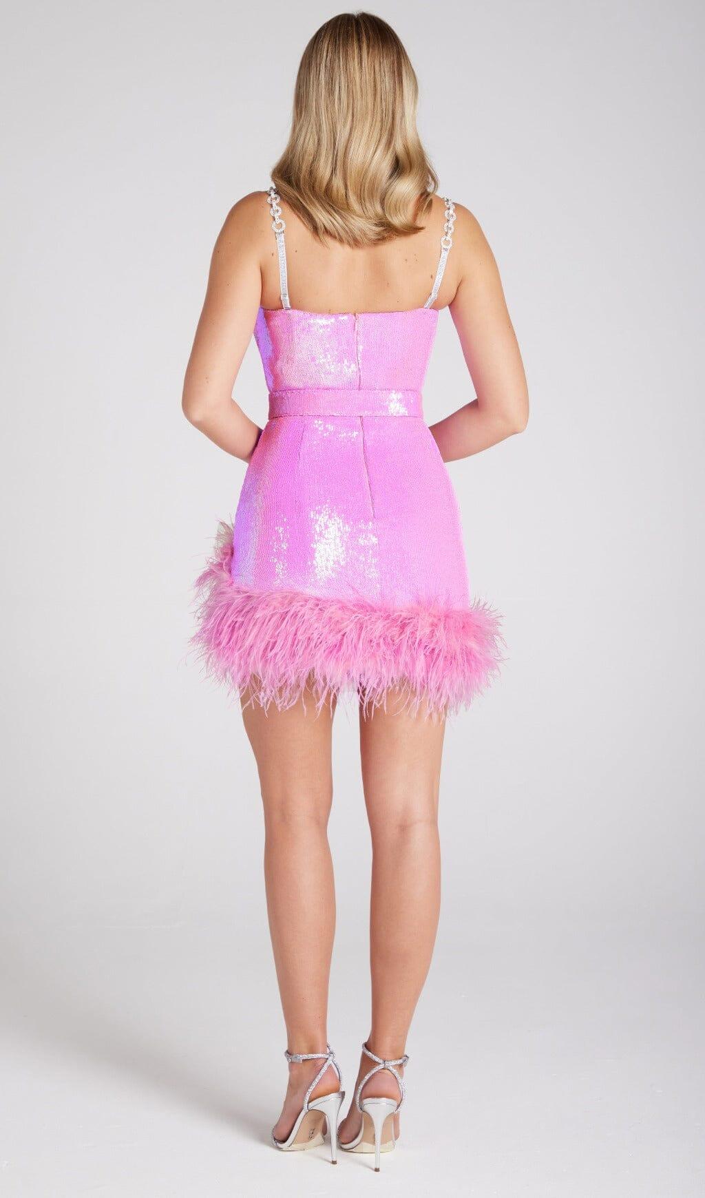 SEQUIN FEATHER BELT MINI DRESSS IN PINK