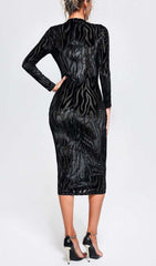 ZEBRA-PATTERN LONG-SLEEVED MIDI DRESS IN BLACK