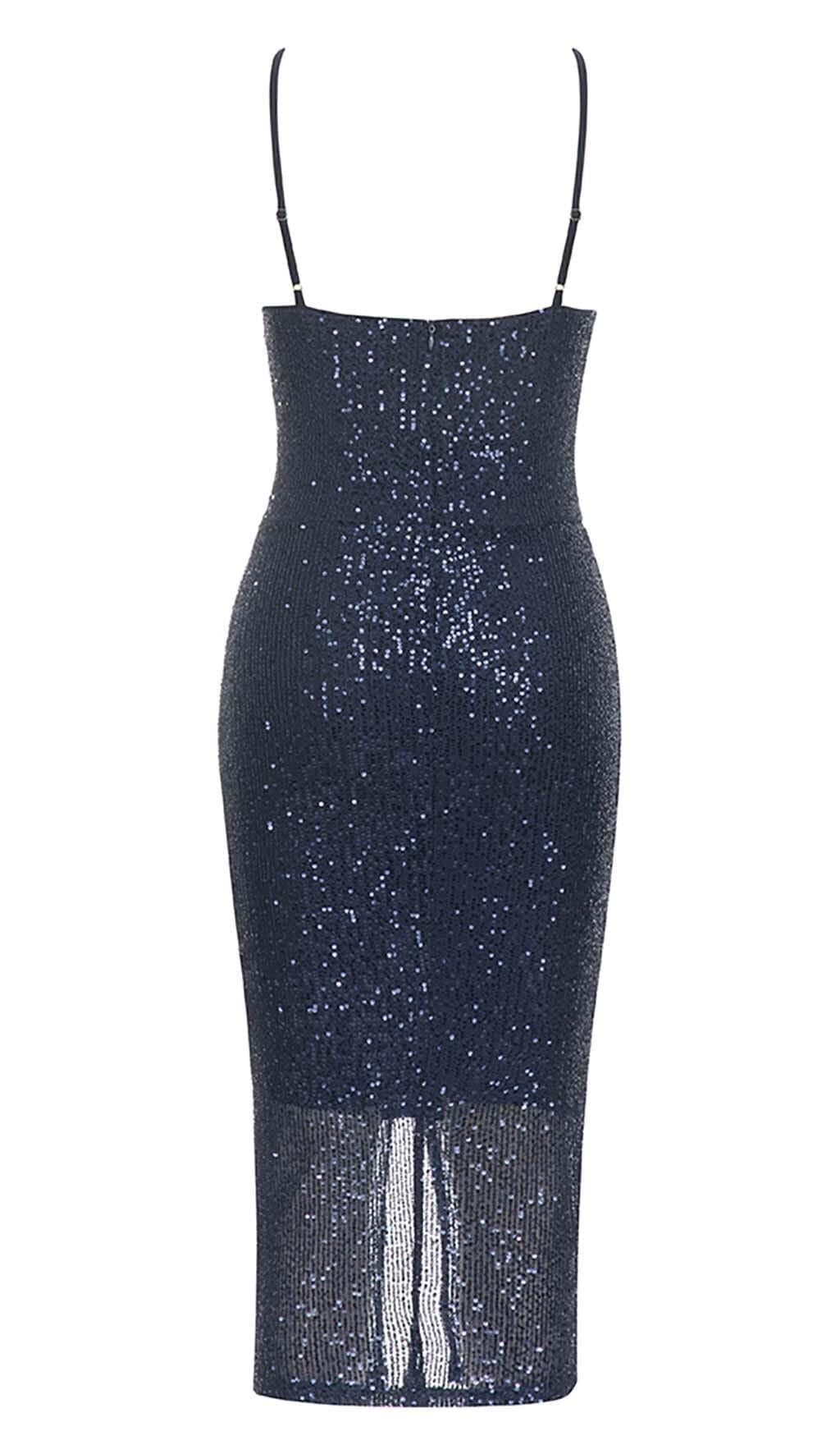 3D FLORAL HALTER SEQUIN MIDI DRESSIN NAVY BLUE