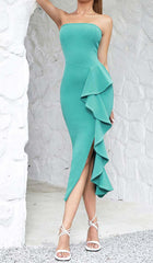 BANDEAU RUFFLES MIDI DRESS IN GREEN