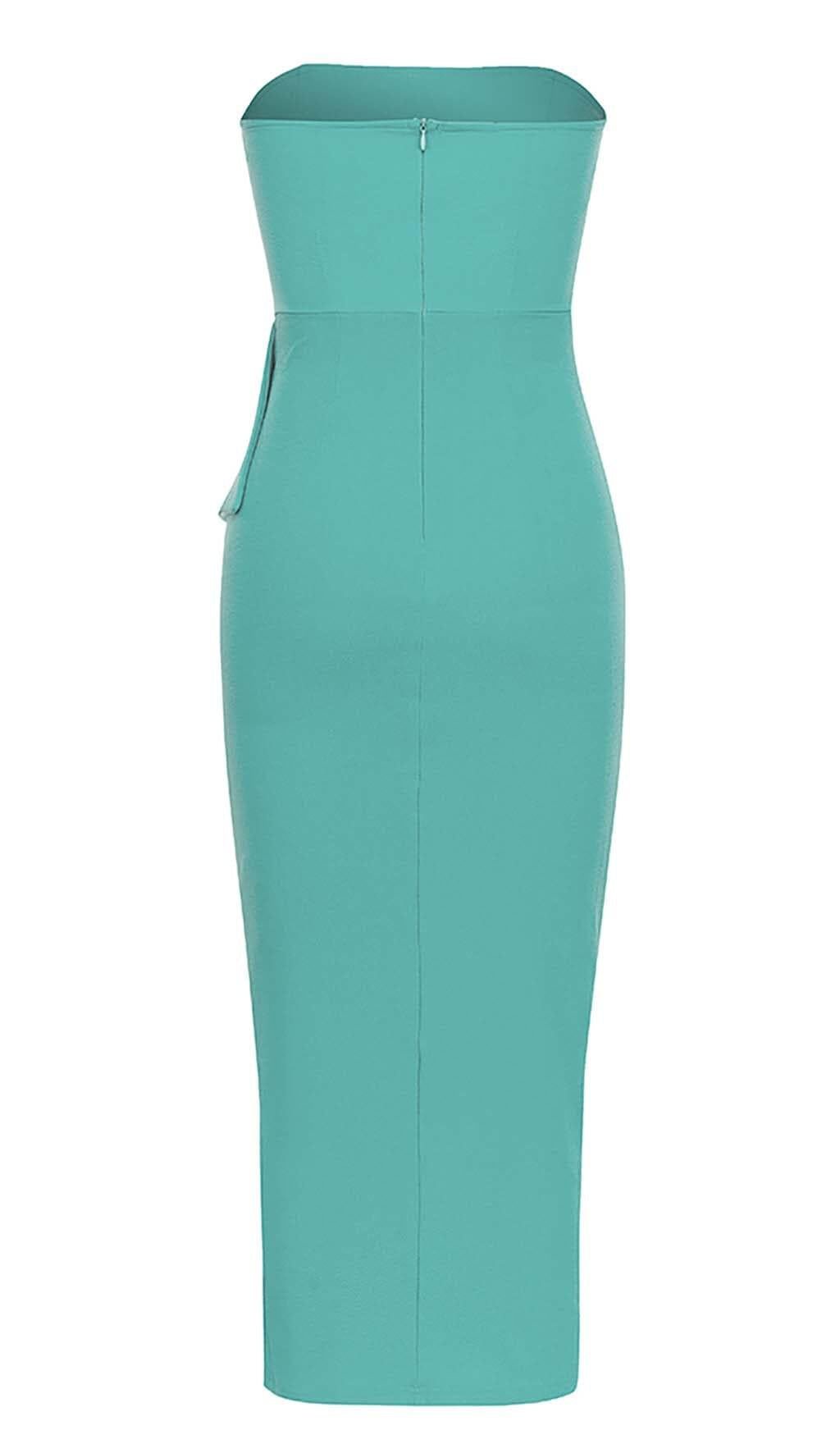 BANDEAU RUFFLES MIDI DRESS IN GREEN