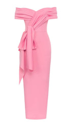 OFF SHOULDER SIDE SPLIT MIDI DRESS IN PINK