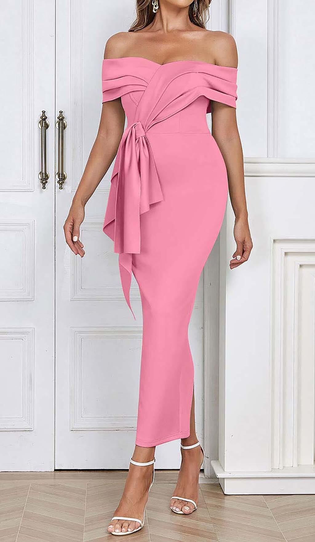 OFF SHOULDER SIDE SPLIT MIDI DRESS IN PINK