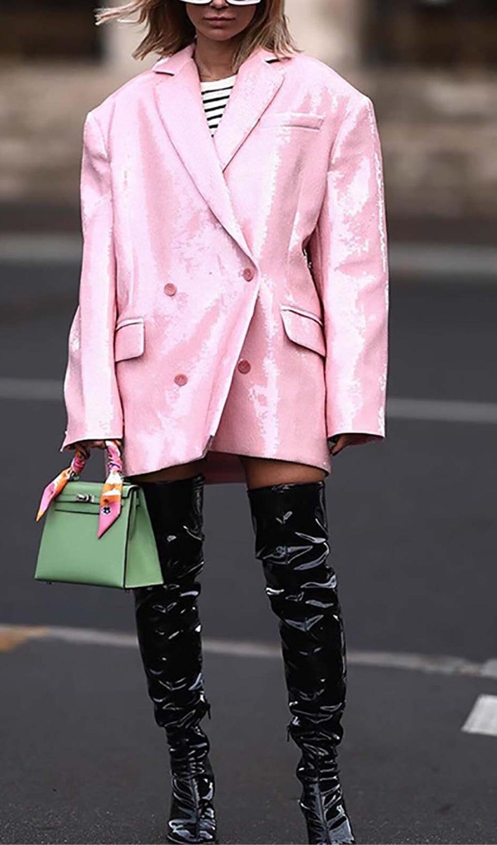 SEQUINED DOUBLE BREASTED LONG BLAZER IN PINK