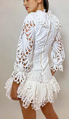 BLOUSON-SLEEVE FLOUNCE EYELET MINI DRESS