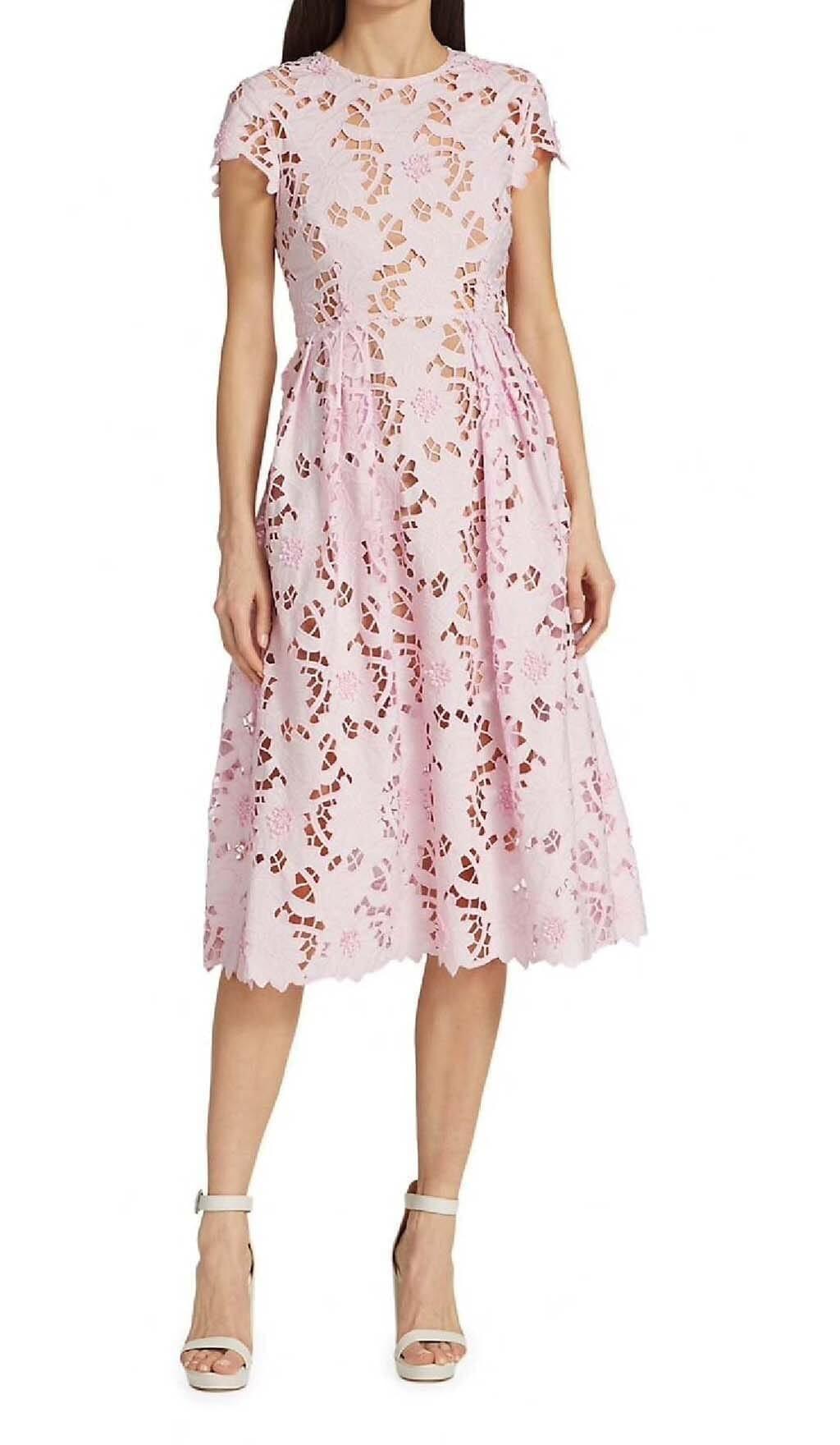 FLORAL LACE EMBROIDERED MIDI DRESS IN PINK