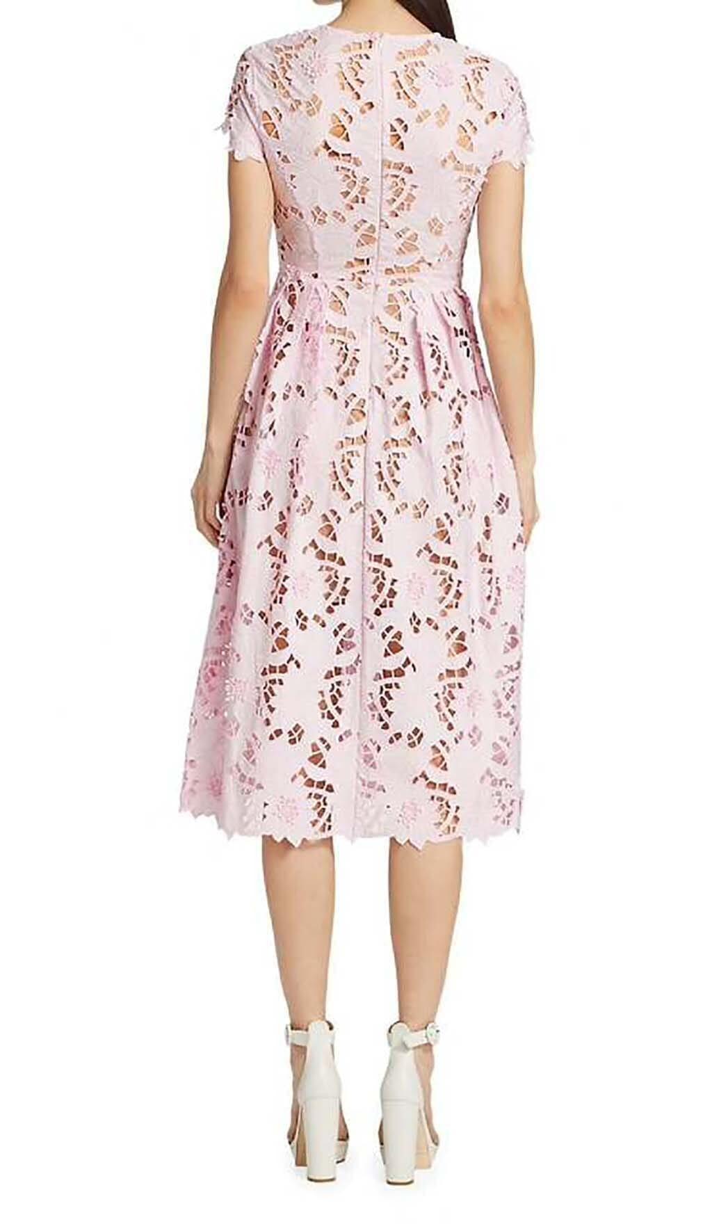 FLORAL LACE EMBROIDERED MIDI DRESS IN PINK