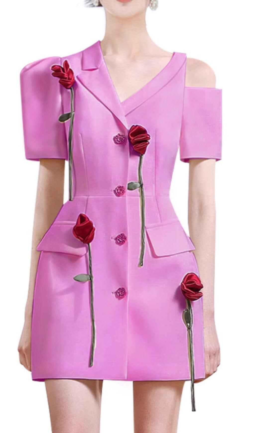 ROSE-EMBELLISHED ASYMMETRIC JACKET DRESS IN PINK