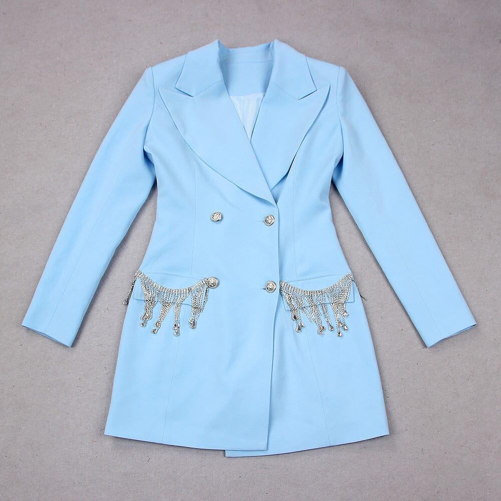 V-NECK BOTTOM JACKET DRESS IN BLUE