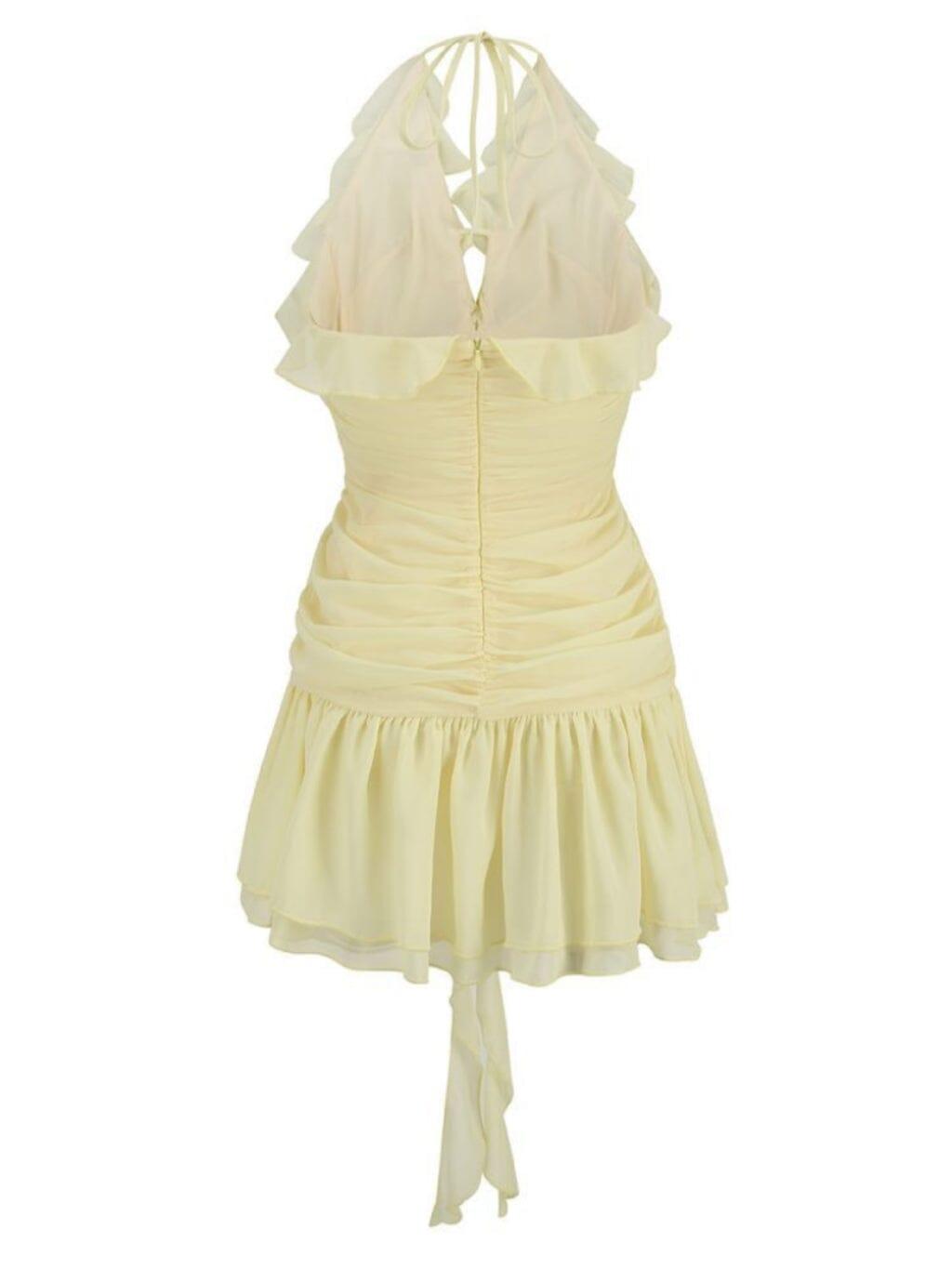 V NECK FLOWER RUFFLE MINI DRESS IN YELLOW