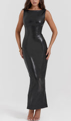 BLACK VEGAN LEATHER MAXI DRESS