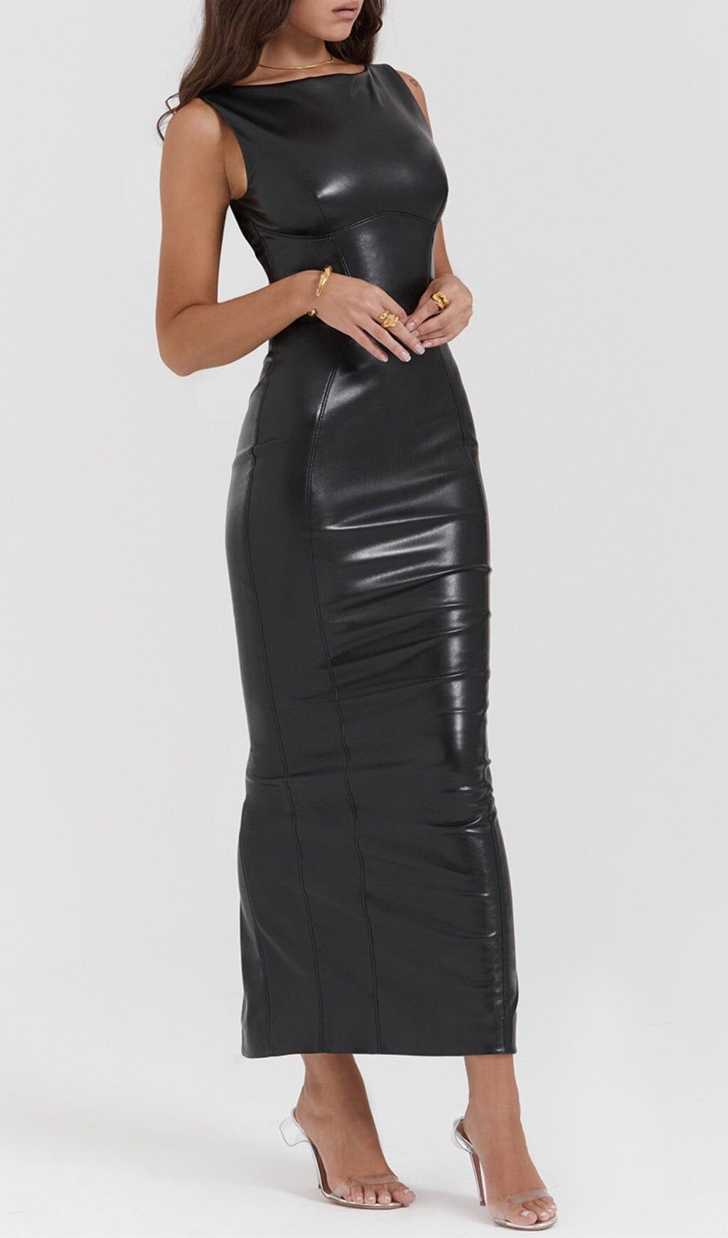 BLACK VEGAN LEATHER MAXI DRESS