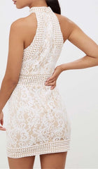 HIGH NECK CROCHET MINI DRESS IN BEIGE