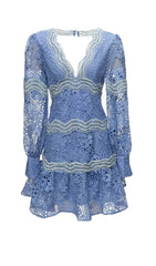 LACE SLEEVE TRIM DETAIL MINI DRESS IN BLUE