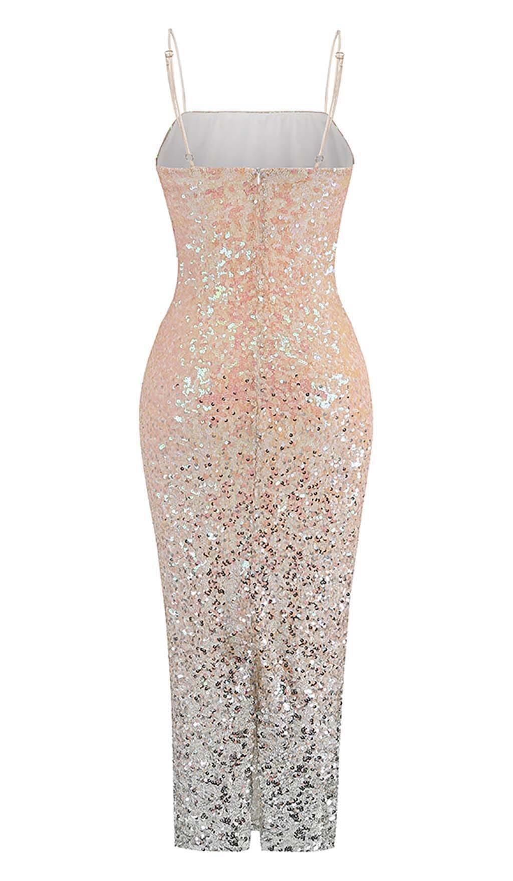 SPAGHETTI STRAP SEQUIN MIDI DRESS IN OMBRE PINK