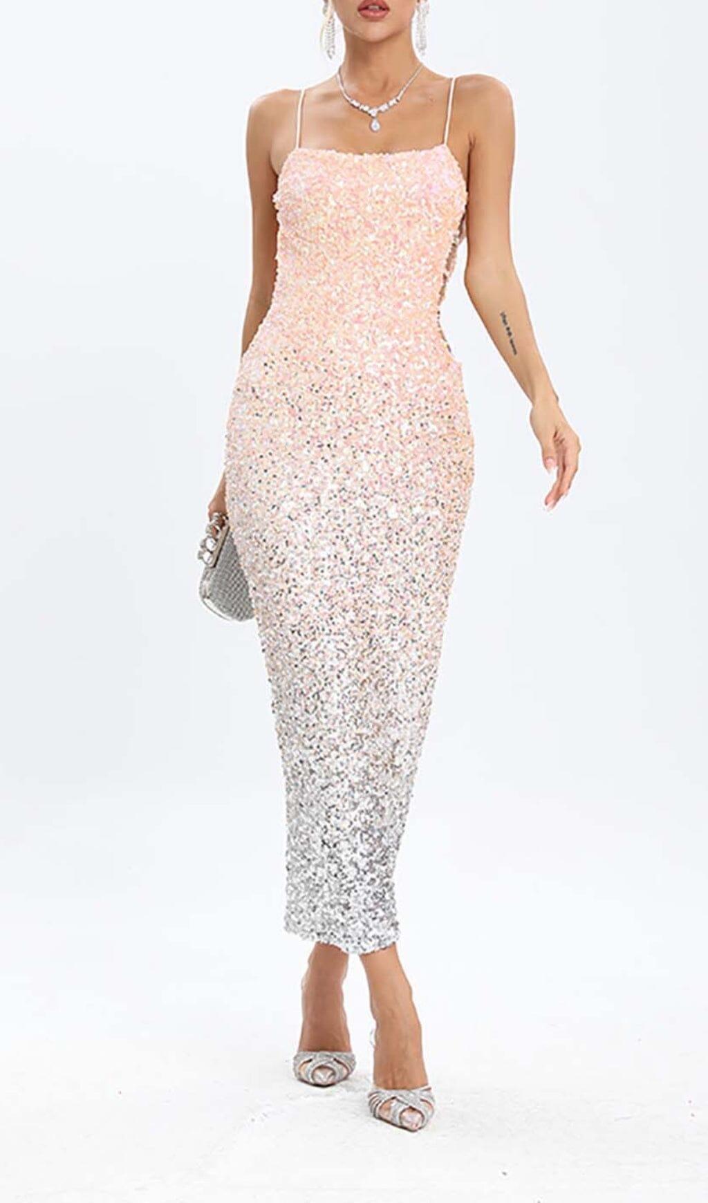 SPAGHETTI STRAP SEQUIN MIDI DRESS IN OMBRE PINK