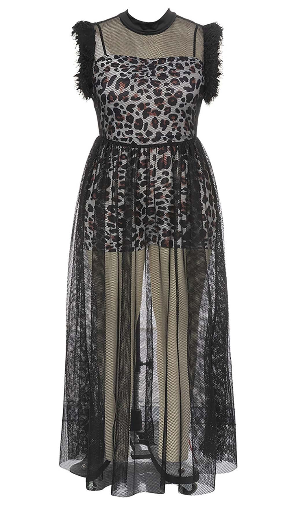 LEOPARD MESH MAXI DRESS IN BLACK