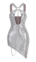 SEQUIN CUTOUT HIGH LOW DRESS IN SLIVER