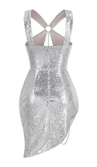 SEQUIN CUTOUT HIGH LOW DRESS IN SLIVER