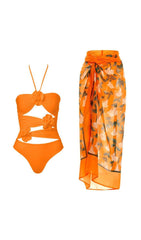 HALTER CUTOUT 3D FLOWER DECOR ONE PIECE SWIMSUIT AND SARONG