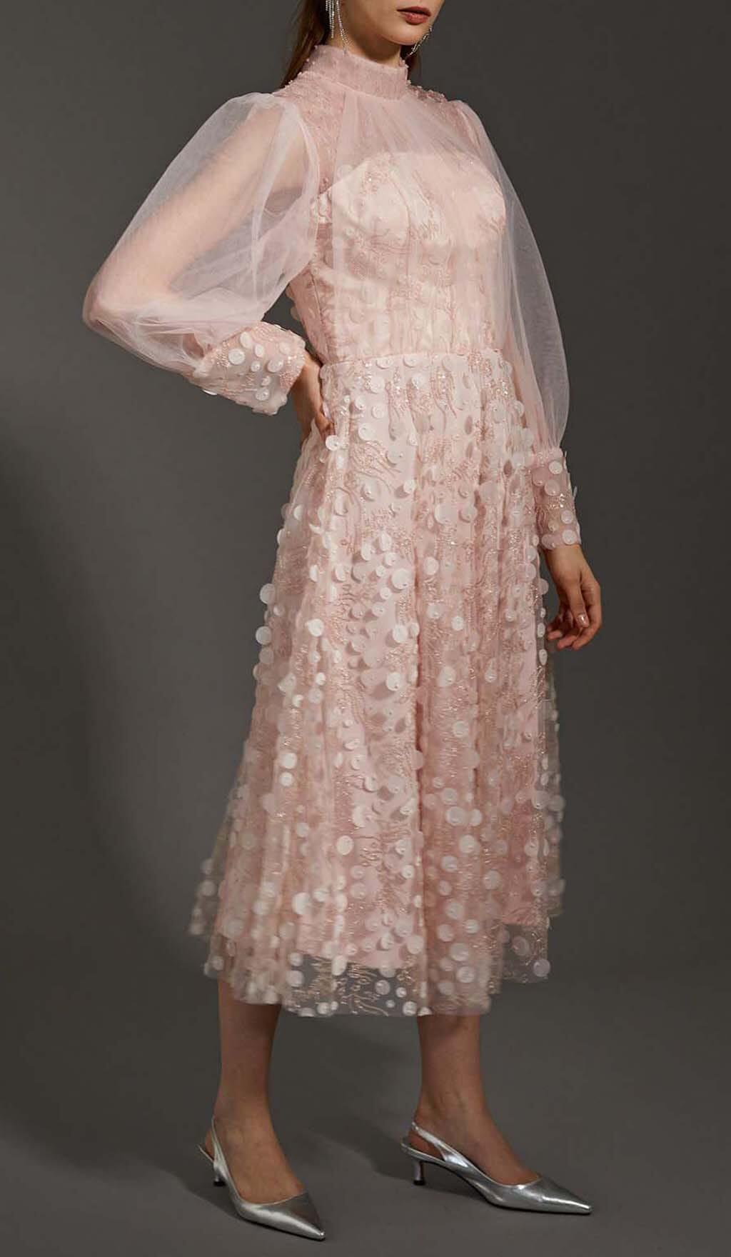 SEQUIN MESH TULLE MIDI DRESS IN PINK