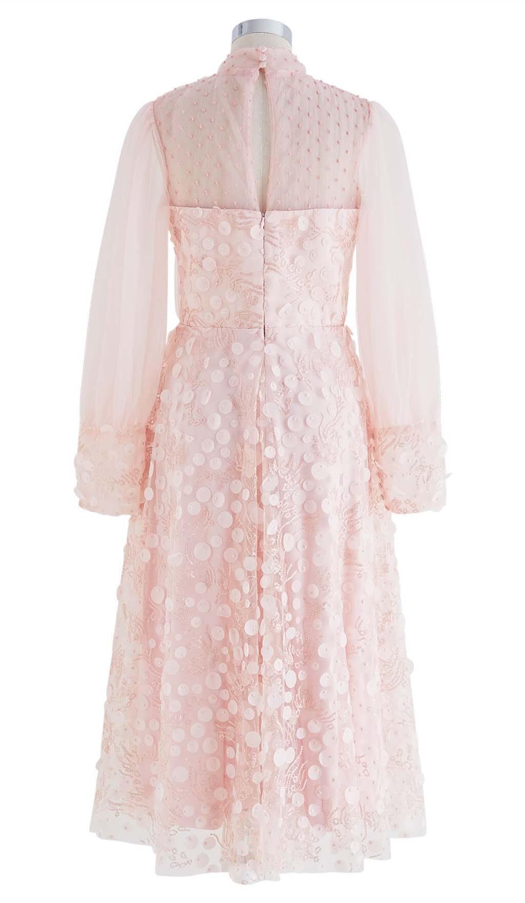 SEQUIN MESH TULLE MIDI DRESS IN PINK