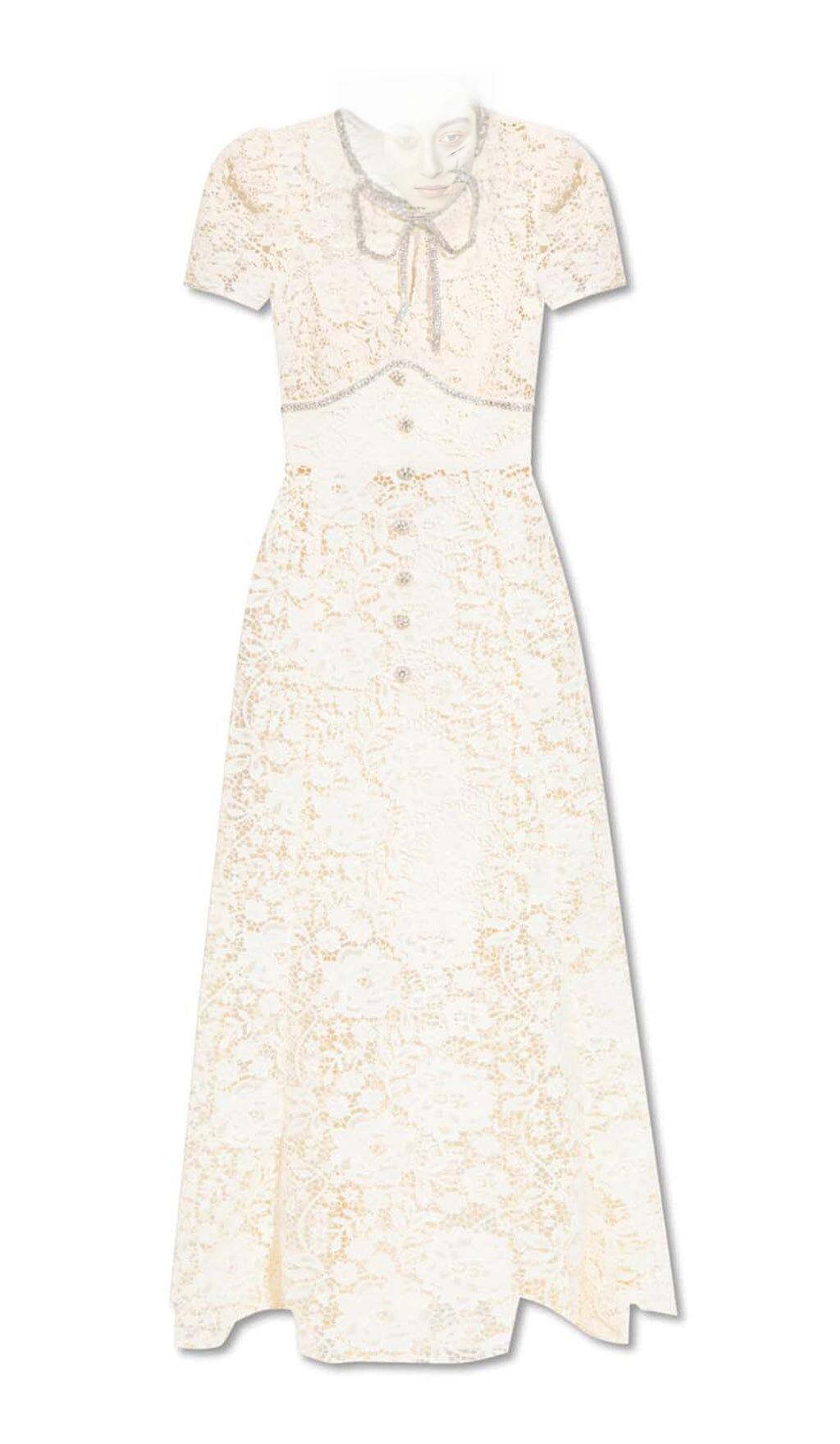 BOW-EMBELLISHED FLORAL-LACE MIDI DRESS IN BEIGE
