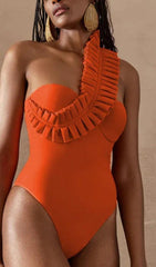 ONE SHOULDER RUFFLE ONE PIECE ORANGE SWIMSUIT