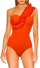 ONE SHOULDER RUFFLE ONE PIECE ORANGE SWIMSUIT