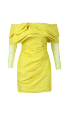 YELLOW OFF SHOULDER RUCHED MESH MINI DRESS