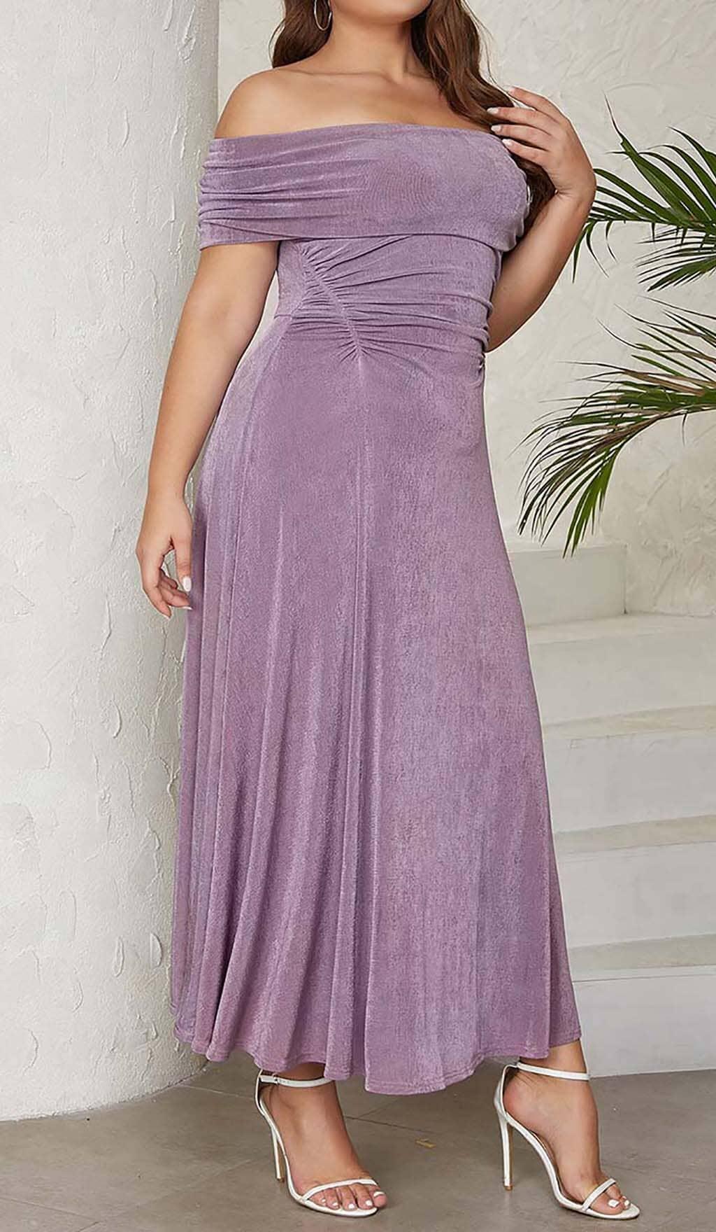 PLUS OFF SHOULDER MIDI DRESS IN PURPLE