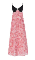 ROSE APPLIQUÉD SPAGHETTI MAXI DRESS IN PINK