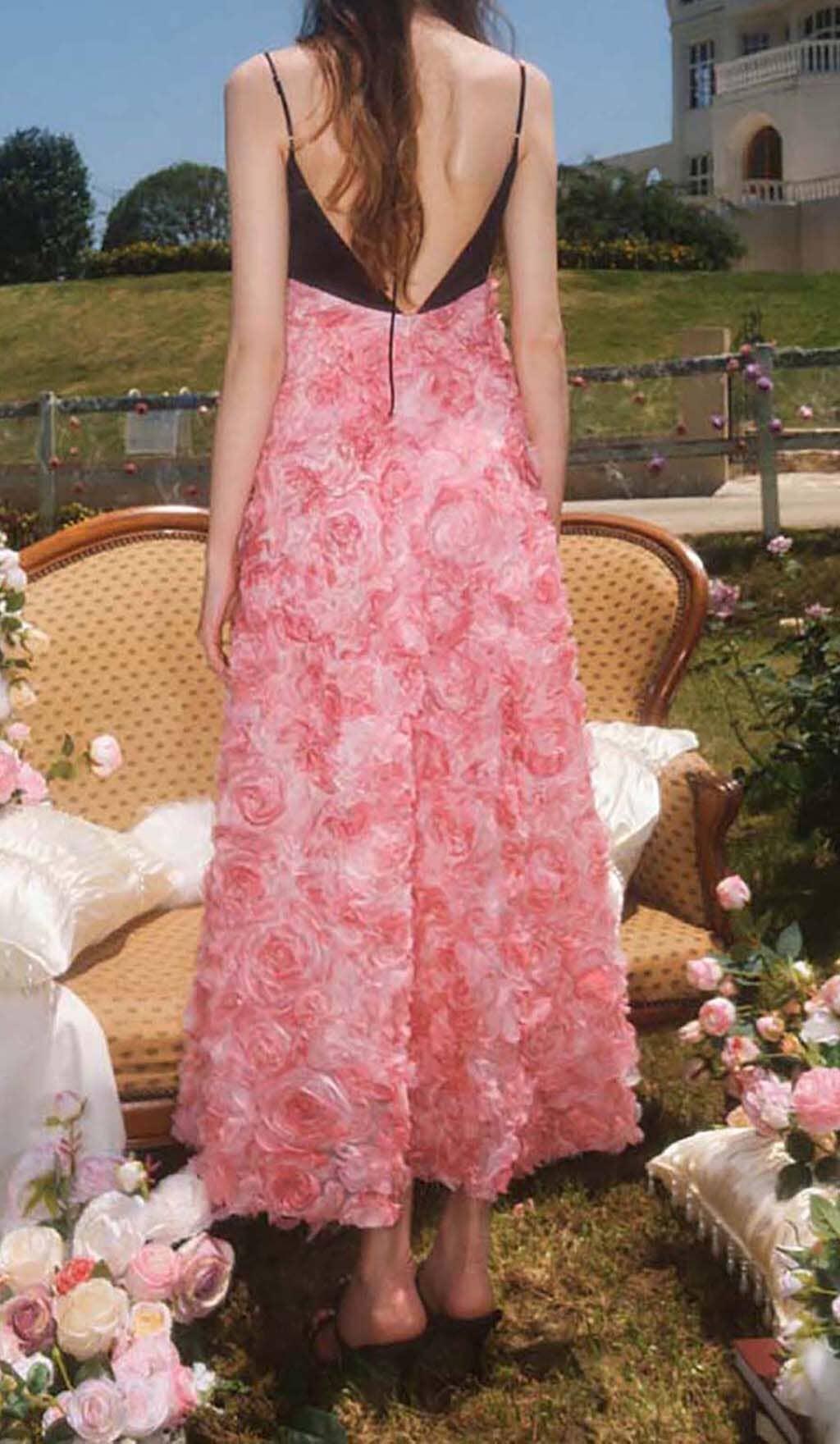 ROSE APPLIQUÉD SPAGHETTI MAXI DRESS IN PINK