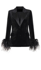 VELVET FEATHER-TRIM JACKET IN BLACK