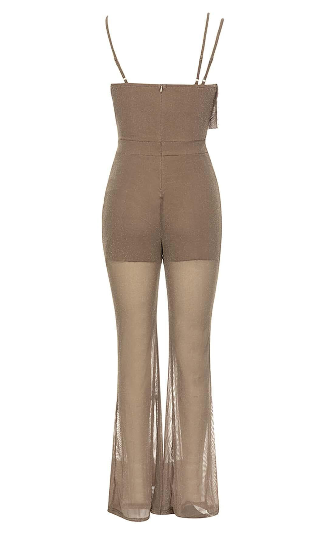 COWL-NECK SEQUIN JUMPSUIT IN KHAKI