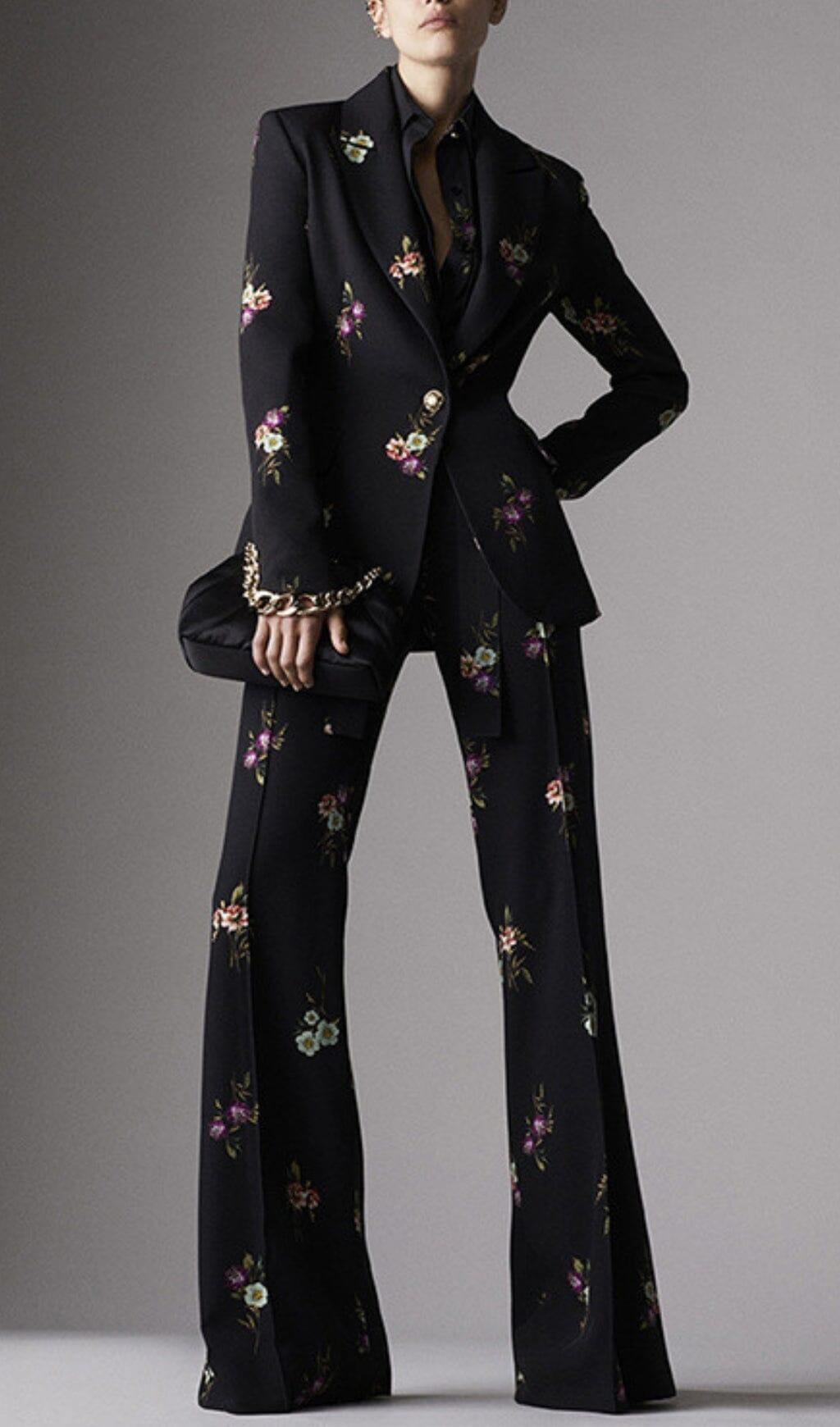 FLORAL PRINT FLARE JACKET SUIT IN BLACK