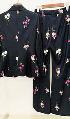 FLORAL PRINT FLARE JACKET SUIT IN BLACK